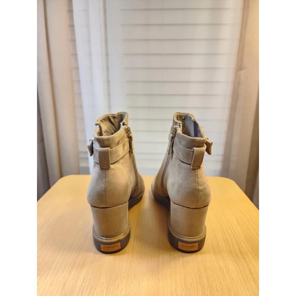 Dr Scholl's Classic Ripple Buckle Wedge Boots Booties - 10 M Khaki Tan Beige